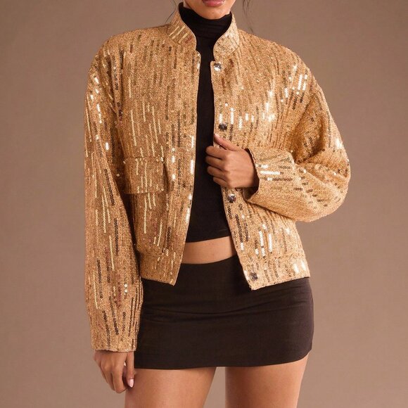 Gold Elegant Women's Embroidered Sequin Office Jacket - Picture 6 of 7